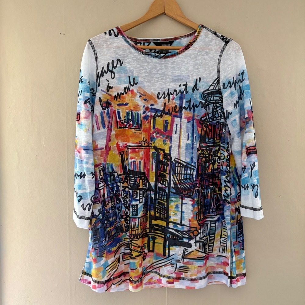 Ali Miles Womens Tunic Top Size M Europe Art to Wear City 3/4 Sleeve Abstract